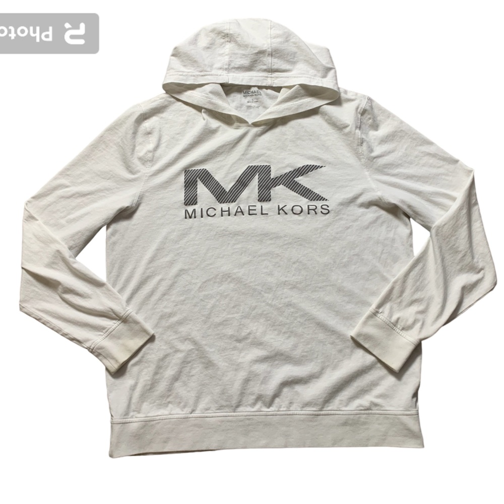 Michael Kors Mens White MK Logo Long Sleeve Hooded T-shirt Large
